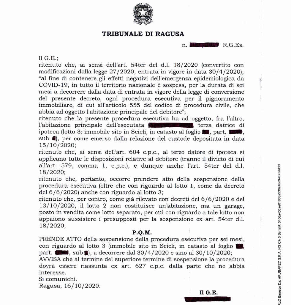 Provvedimento di sospensione del Tribunale di ragusa